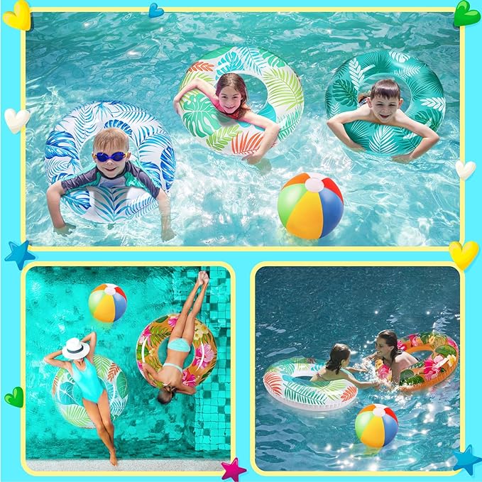 90shine 7PCS Luau Pool Floats: Hawaiian Swimming Rings with 13.5" Beach Balls - Inflatable Tubes Floaties Toys for Kids Adults, Check The Price >>>