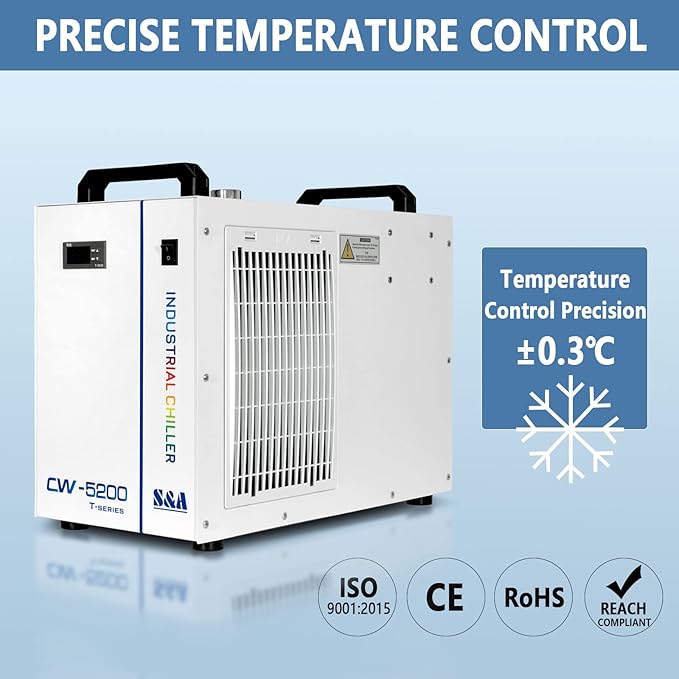 S&A 7L Industrial Water Chiller CW-5200DH 0.9HP 3.43gpm Water Cooling System for 60W 70W 80W 90W 100W 120W 130W 150W CO2 Laser Engraving & Cutting Machines, Cools 5699 BTU/Hour