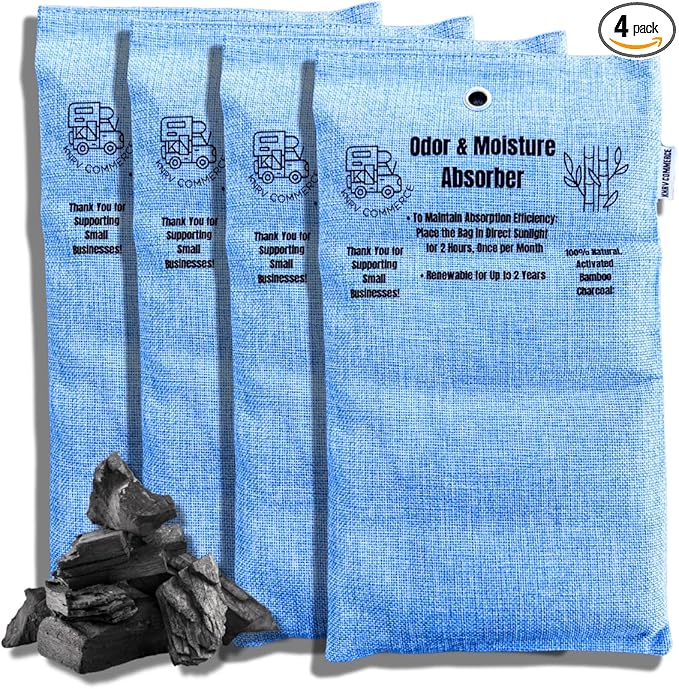 4 Extra Large: Activated Charcoal Bamboo: Odor Absorber Bags, Flat (Equal to 10 Small Bags): Large Odor Eliminator, Moisture Absorber, Air Purifying, Odor Absorbers & Under Mattress Moisture Control
