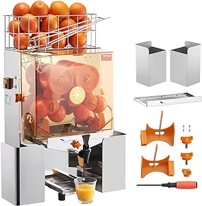 VEVOR Commercial Orange Juicer Machine, 120W Automatic Juice Extractor with Water Tap, Stainless Steel Orange Squeezer 20 Oranges/Minute, with Pull-Out Filter Box, PC Cover, 2 Peel Collecting Buckets