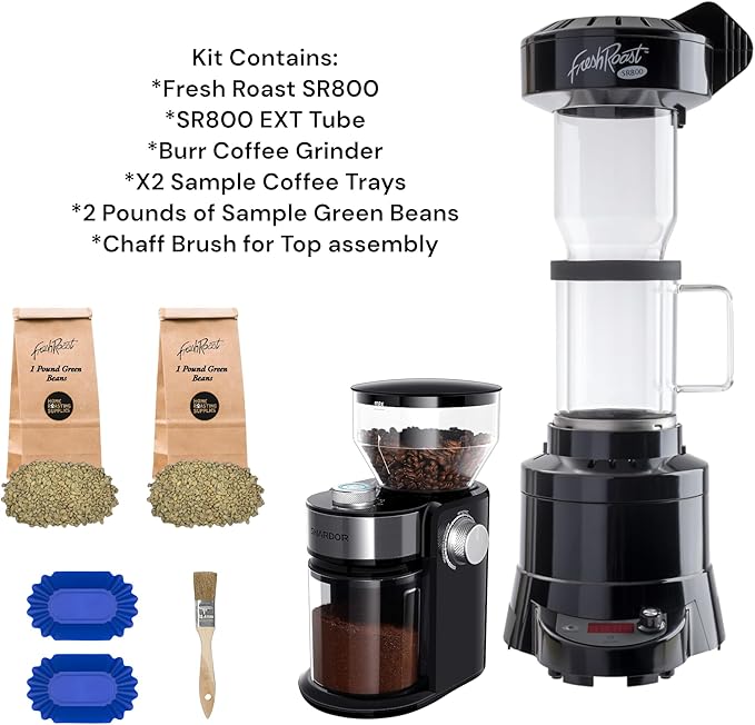 Fresh Roast Coffee Roaster Bundle SR800, Glass Extension Tube, Burr Grinder, (2 Lbs) Sample Pack of Green Beans, (2- pack) Sample trays
