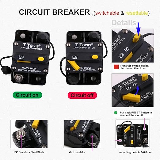 120 Amp Surface-Mount Circuit Breakers with Manual Reset Switch Button for Boat Marine RV Yacht Battery Truck Solar, 12V - 48V DC, Waterproof (120A)