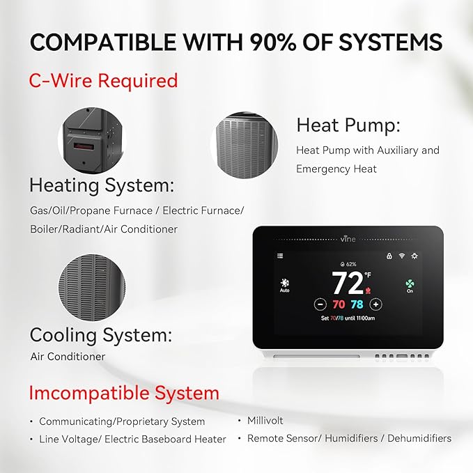 vine Programmable Thermostat for House with 4.3" Touch Screen, WiFi Smart Home Thermostat for AC and Heating, App/Voice Control, Work with Alexa and Google Assistant, C-Wire Required, TJ-919T