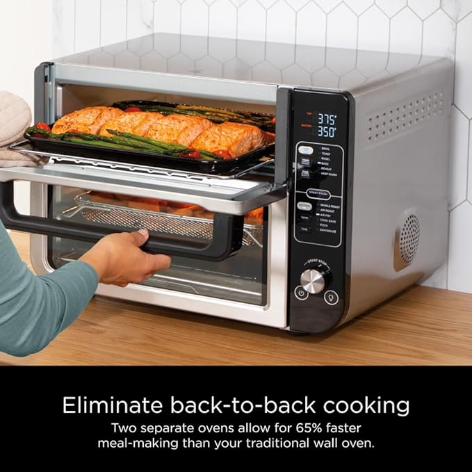 Ninja DCT401 12-in-1 Double Oven with FlexDoor, FlavorSeal & Smart Finish, Rapid Top Convection and Air Fry Bottom , Bake, Roast, Toast, Air Fry, Pizza and More, Stainless Steel