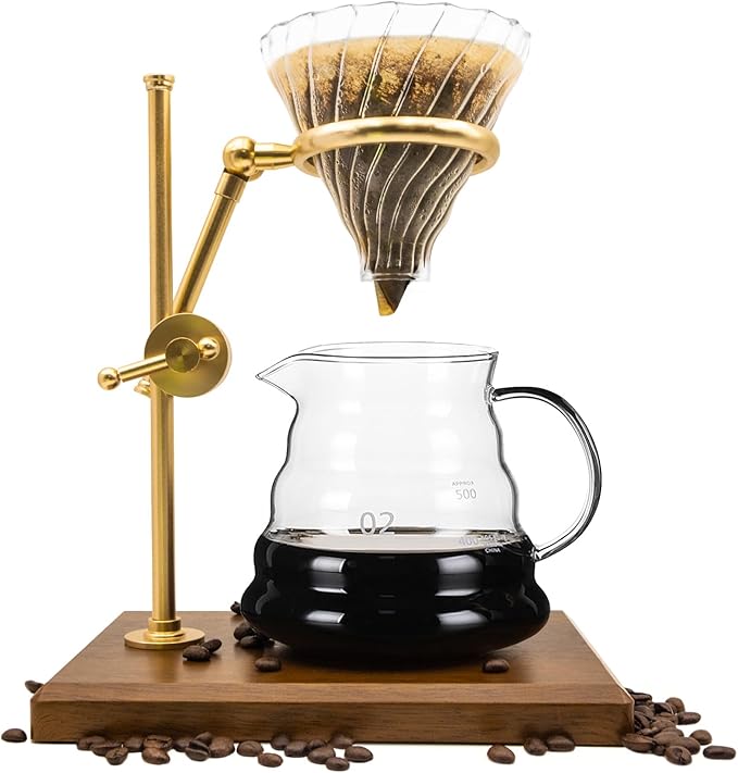 Pour Over Coffee Maker,V60 Pour Over Coffee Maker Set with Stand, Adjustable Stainless Steel Dripper Stand, Wooden Base, Coffee Dripper, Cone Glass Coffee Carafe, Paper Filters