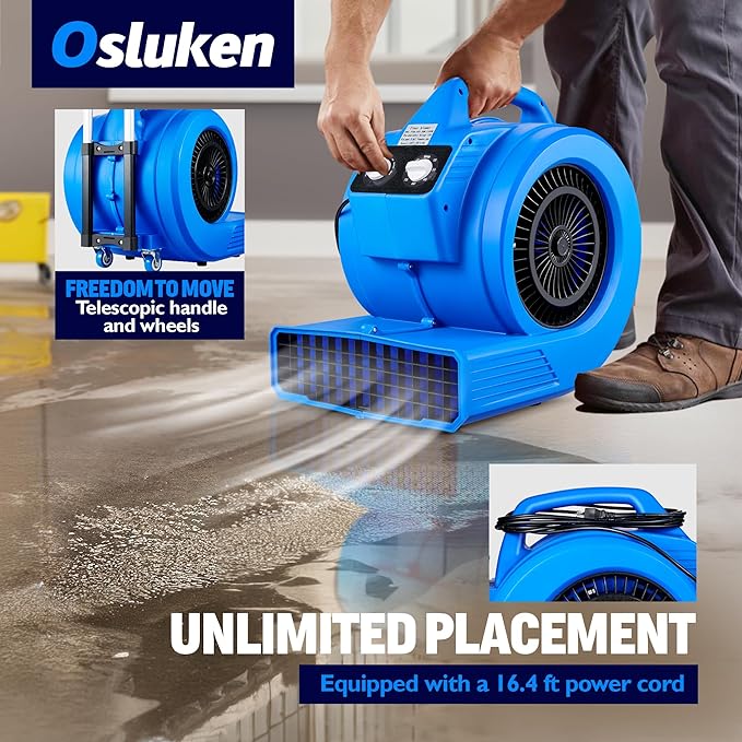 1.48 HP Floor Blower Fan, 5650 CFM Centrifugal Air Mover, Powerful Carpet Dryer, 3 Speeds, 3 Blowing Angles, Timer Function with Handle Wheelkit for Outdoor, Home, Shop, Janitorial, Commercial