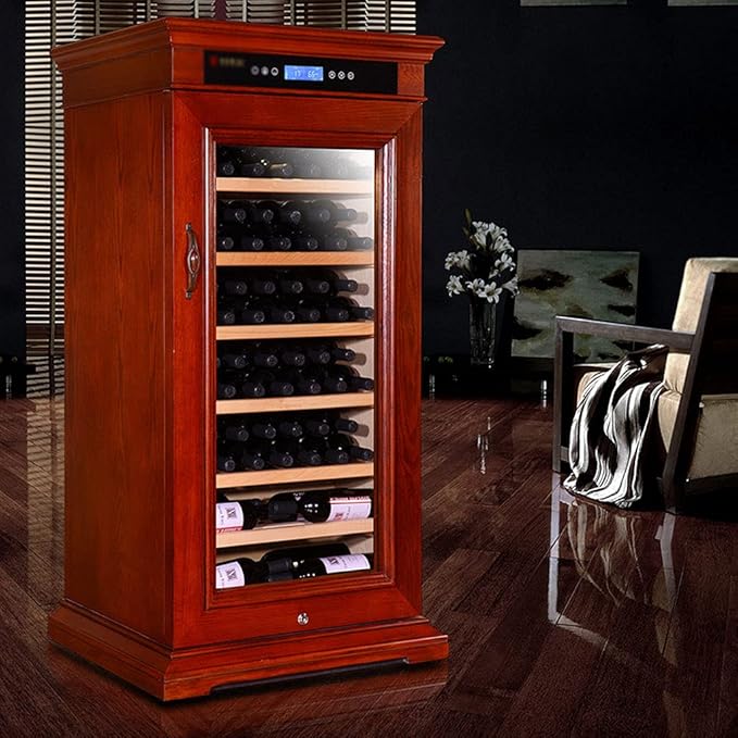 72 Bottles Retro Freestanding Wine Cellars Solid Wood Wine Cabinet Double Insulating Glass with Partition and LED Lights Temperature Control: 12-18℃ Constant Temperature and Humidity