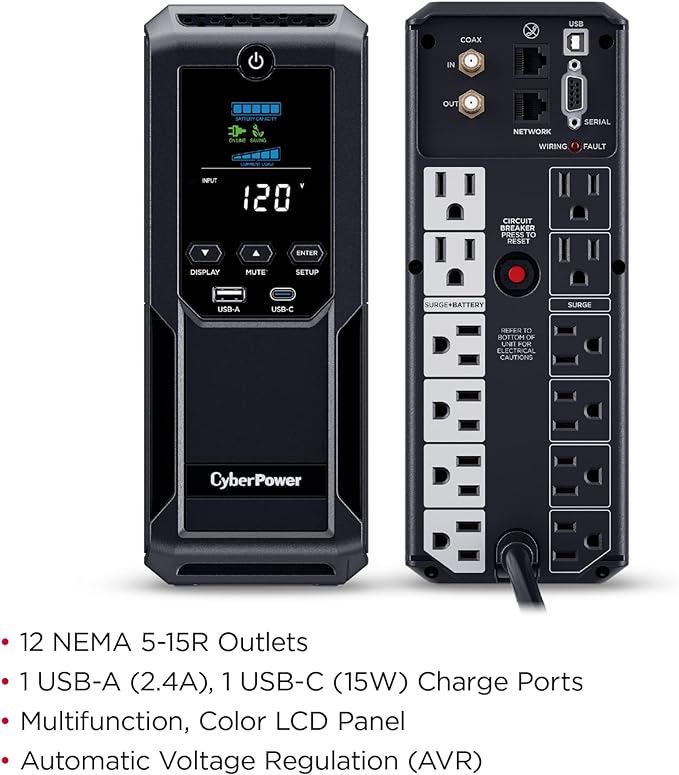 CyberPower CP1500AVRLCD3 Intelligent LCD UPS System, 1500VA/900W, 12 Outlets, 2 USB Ports, AVR, Mini Tower, Black