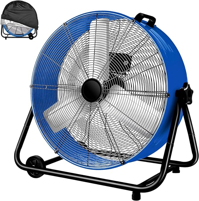 24 Inch High Velocity Heavy Duty Large Industrial Fan, Floor Fan with High Medium and Low 3 Wind Speed Adjustment, Big Fan Parameters 120V Voltage, 320W Power-Blue with Fan Cover