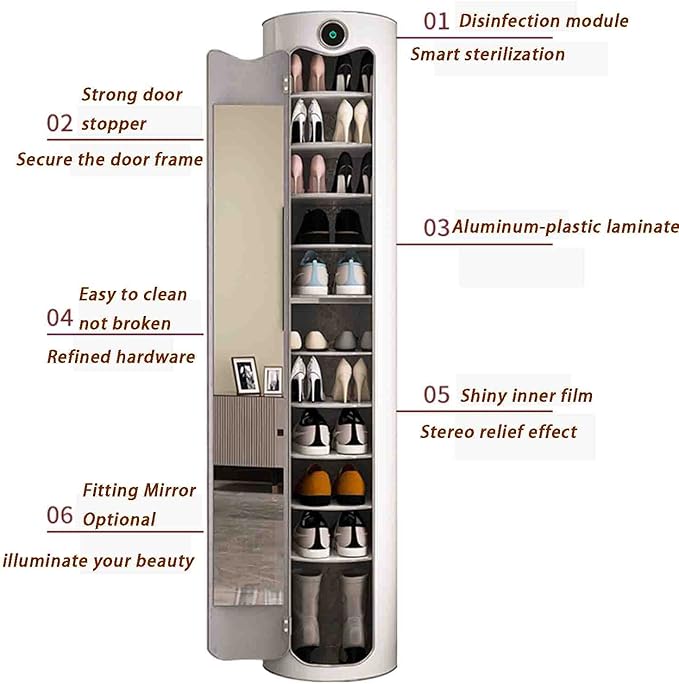 CAULO 360°Rotating Shoe Cabinet, Intelligent Electronic Shoe Rack for Home Entrance, Space-Saving Round Vertical Shoe Cabinet with Full-Length Mirror (H161cm)