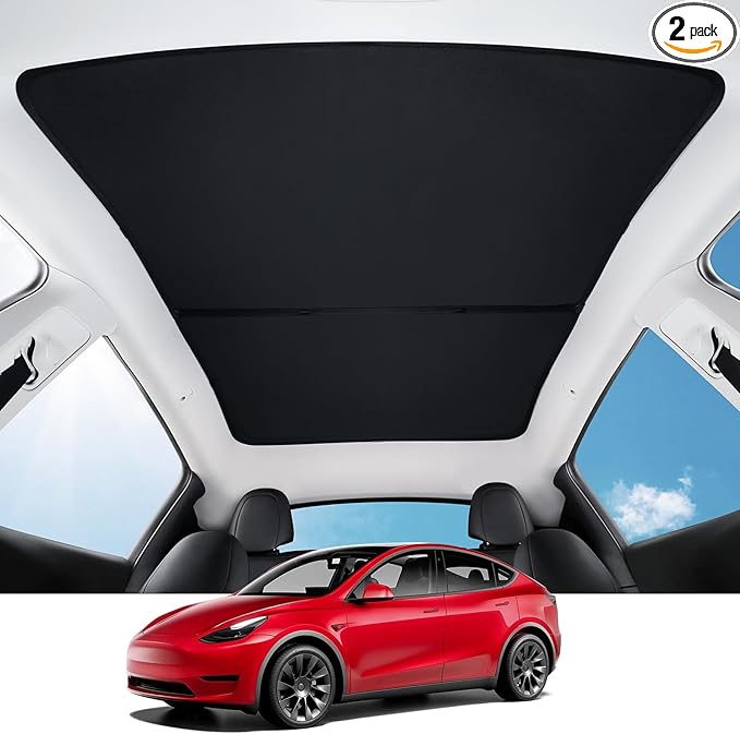 BASENOR 2024 Upgraded Tesla Model Y Glass Roof Sunshade with Storage Bag Sunroof Blocking Heat Cover Top Window Sun Protection for Model Y Interior Accessories 2020-2024 Black (No Sag)