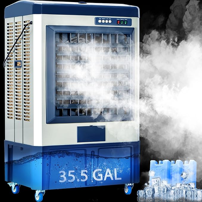 8979CFM Portable Swamp Cooler,58IN Evaporative Air Cooler for 1730Sq.ft of Space,with Continuous Auto Fill,36-Gal Water Tank,120°Oscillation,5 Ice Packs,Cooling Fan for Outdoor,Indoor,Garage