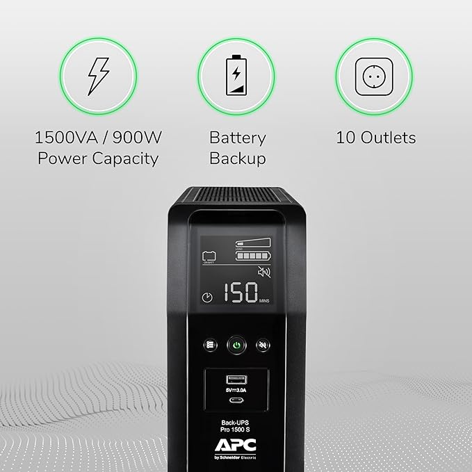 APC UPS 1500VA Sine Wave UPS Battery Backup, BR1500MS2 Backup Battery Power Supply, AVR, 10 Outlets, (2) USB Charger Ports