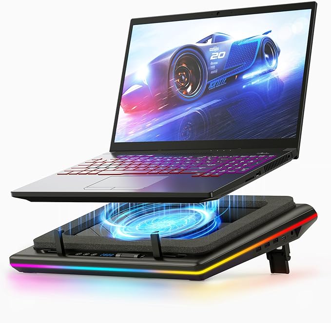 llano RGB Laptop Cooling Pad with Powerful Turbofan, Gaming Laptop Cooler with Infinitely Variable Speed,Touch Control,LCD Screen,Seal Foam for Rapid Cooling Laptop15-19in