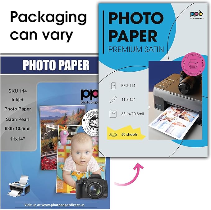 PPD Satin Photo Paper for Inkjet Printer, Premium Pearl Luster Finish 11 x 14 Size Sheets for Printable Photos, Thick 255 gsm 68 lbs 10.5 mil, White, Water Resistant & Instant Dry Prints (50 Pack)