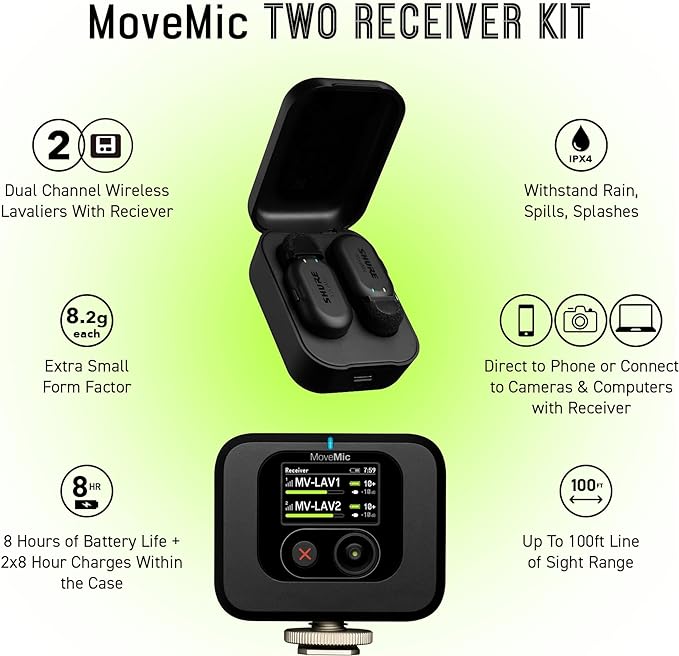 Shure MoveMic Two Kit - Pro Wireless Lavalier Microphones with Camera Receiver for DSLRs, iPhone, Android, Mac & PC, 2 Bluetooth Mini Mics, 24 Hours Charge, IPX4, Portable Clip Lavs (MV-TWO-KIT-Z7)