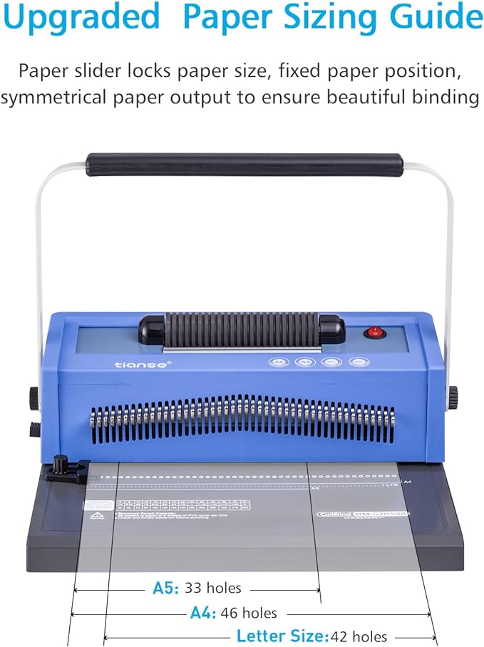 TIANSE Spiral Coil Binding Machine, Manual Book Maker Punch Binder with Electric Coil Inserter, Disengaging pins, Adjustable Side Margin, Comes with 100pcs 5/16'' Plastic Coil Binding Spines & Plier