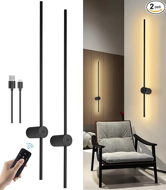 LED Wall Sconces Set of Two Battery Operated, USB Rechargeable Wall Lights Indoor, Dimmable Wall Lamp with Remote Control, 360° Rotation Wireless Lights for Living Room Bedroom Hallway, 39 inch Black