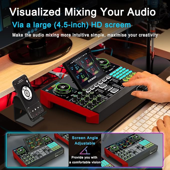 tenlamp G10 Audio Interface, Podcast Equipment, Live Sound Card for Streaming, 48V Phantom Power, Sound Board, Voice Changer, Audio Mixer with Sound Card for PC Recording Gaming Singing