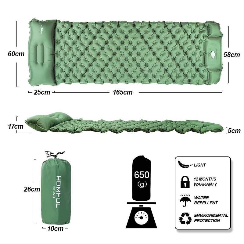 Army Sleeping Mat Outdoor Camping Inflatable Mattress with Pillows, Travel Mat Folding Bed, Ultralight Air Cushion for Hiking and Trekking