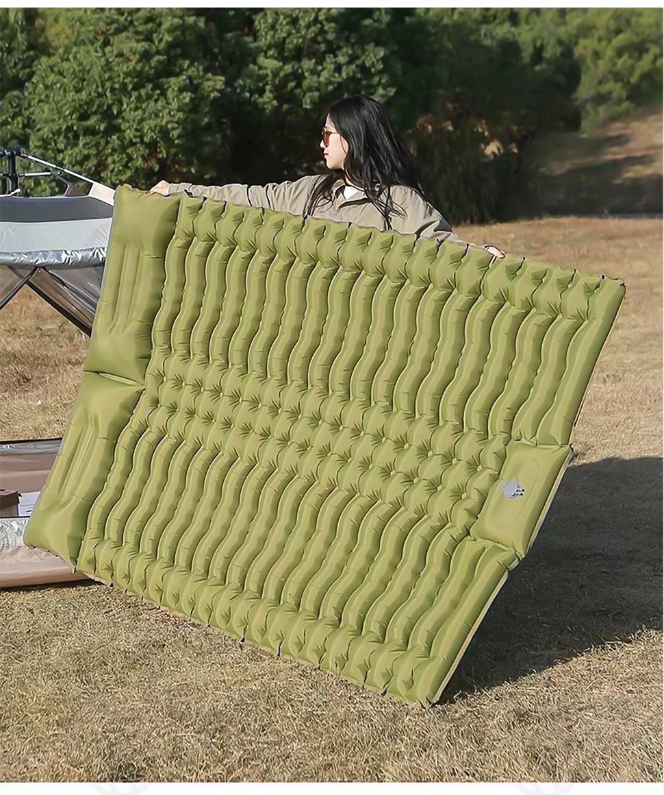 Army Sleeping Mat Outdoor Double Inflatable Sleeping Pad with Pillow for 2 Persons, Ideal for Camping, Hiking, and Tourist Adventures