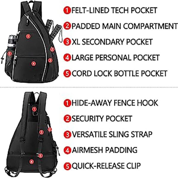 Tennis Bags for Women and Men Adjustable Sling Backpack with Fence Hook, Upgraded Capacity, Safety Pocket, and Water Bottle Holder - Men's & Women's Pickleball Bag - Image 4