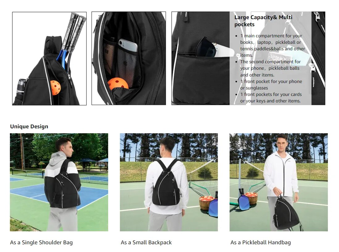 Tennis Bags for Women and Men Adjustable Sling Backpack with Fence Hook, Upgraded Capacity, Safety Pocket, and Water Bottle Holder - Men's & Women's Pickleball Bag