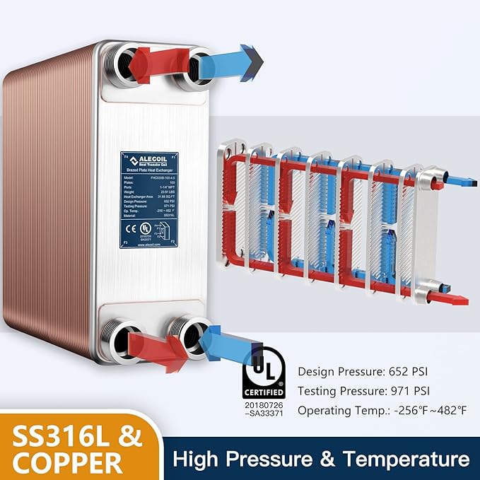 ALECOIL 5"x12"-100 Plates Heat Exchanger with 1-1/4" MPT Port Water to Water 316L Stainless Steel Brazed Plate Heat Exchanger for Water Heating, Floor Heating, Industrial and Commercial Refrigeration