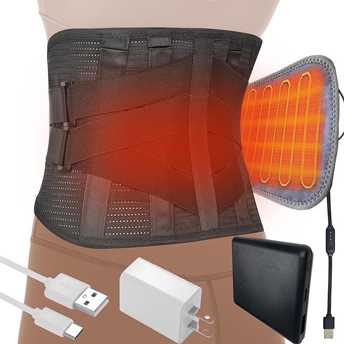 Heated Back Brace for Lower Back Pain Relief Women Men; Cordless Heating Waist Belt Wrap Operated by Rechargeable Battery; Far Infrared Heat Therapy for Herniated Disc, Sciatica, Scoliosis