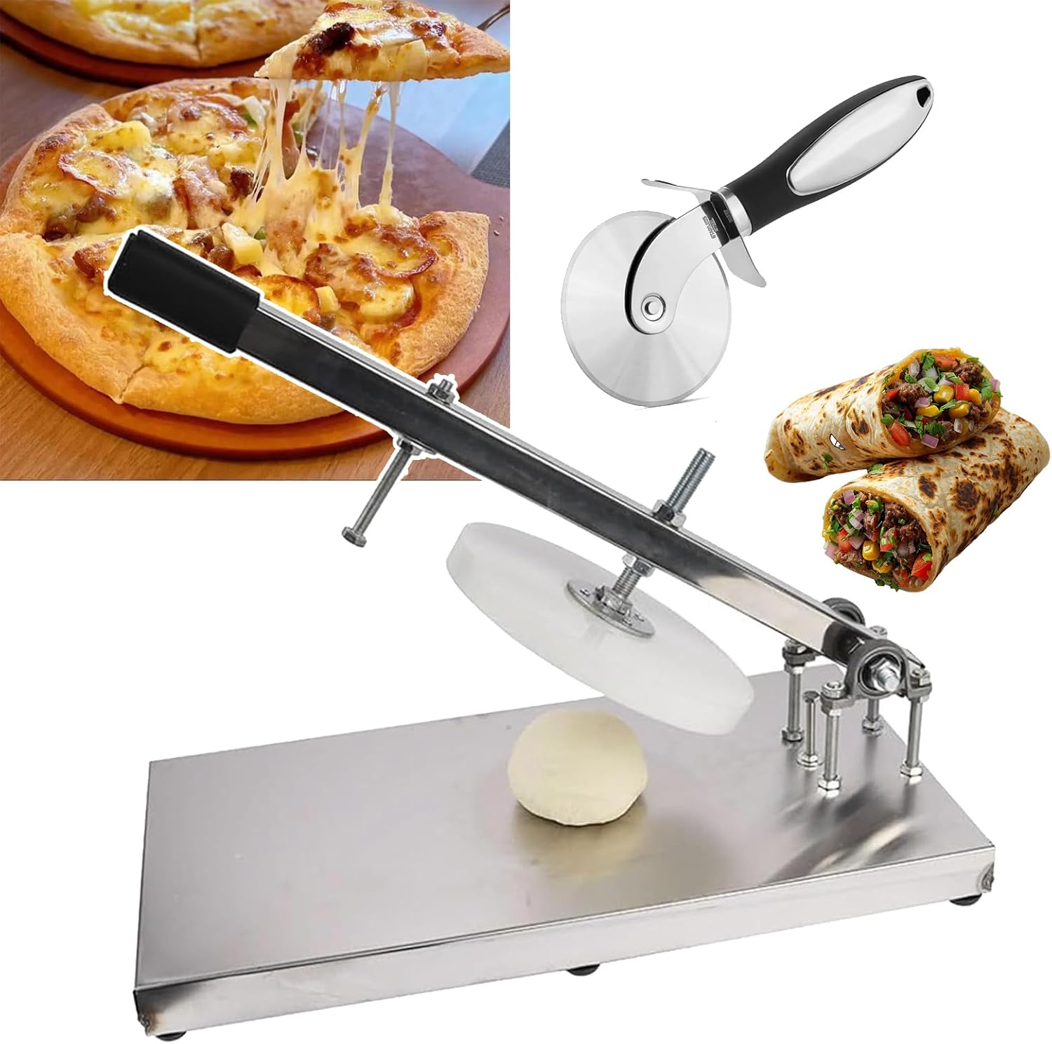 Pressa per pizza manuale in acciaio inox, braccio regolabile