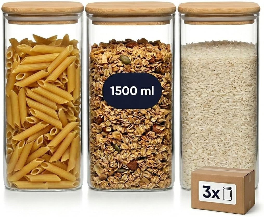 gouveo Set 3 barattoli vetro 1500 ml quadrati - dispensa ordinata