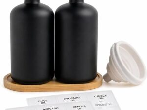 Cozary Oliera Salvagoccia, Set 2 Bottiglie 500ml Nero + Vassoio Bambù