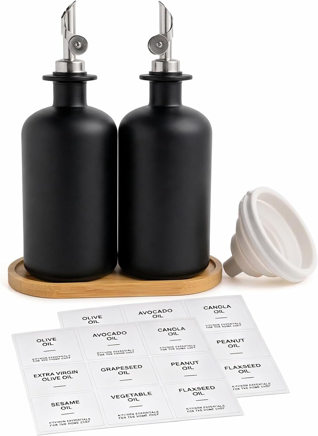 Cozary Oliera Salvagoccia, Set 2 Bottiglie 500ml Nero + Vassoio Bambù