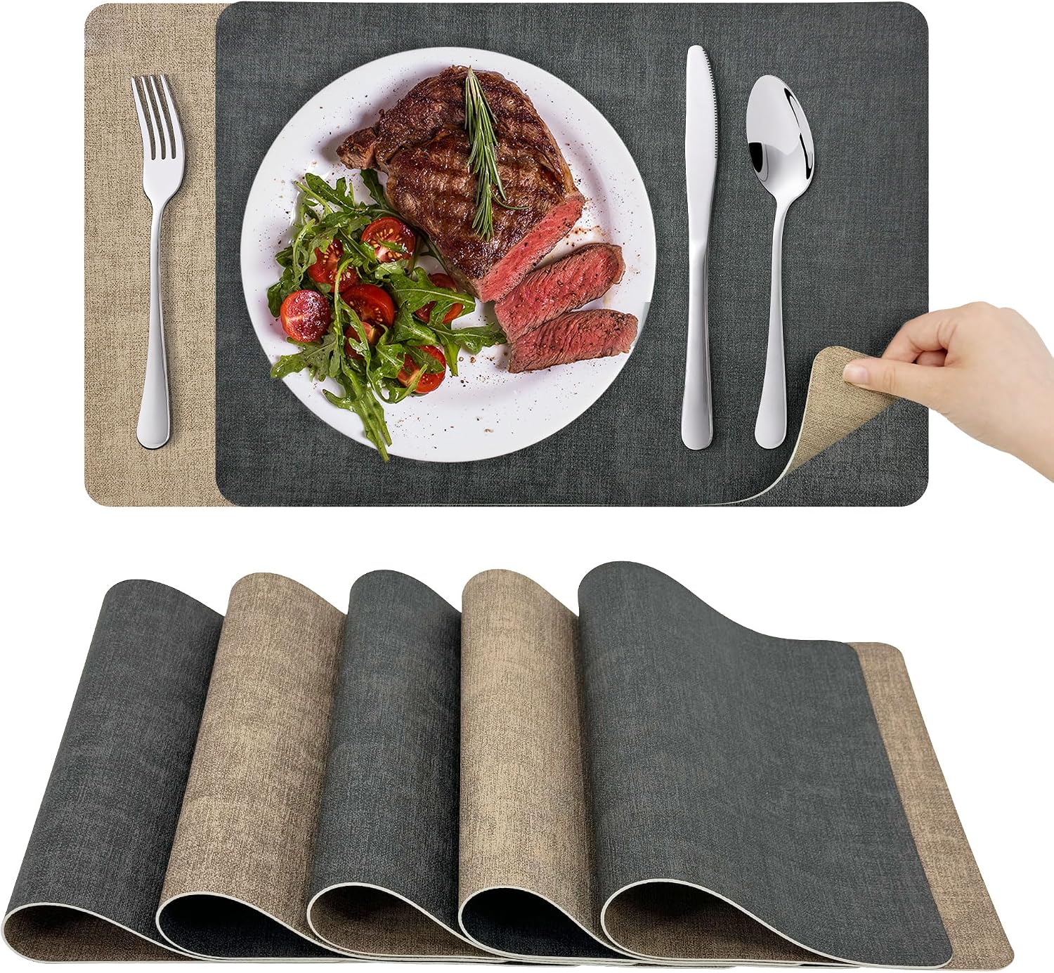 KitchenBoss Tovagliette Lavabili Set 6+6, Grigio Albicocca 43x30 cm