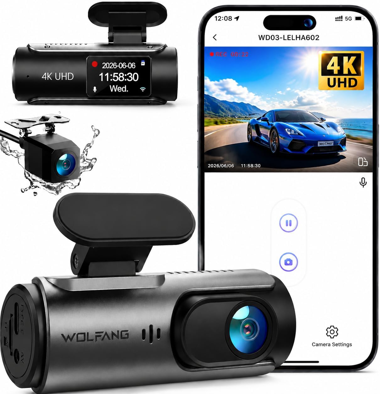 WOLFANG Dash Cam 4K Doppia WiFi, Visione Notturna