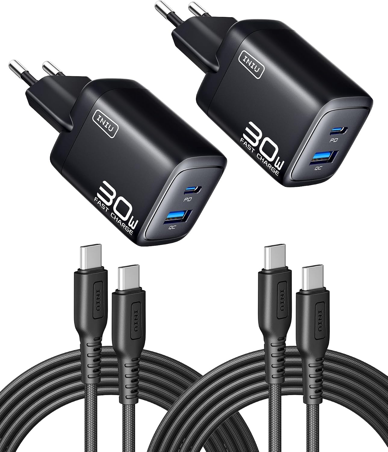 INIU Caricatore USB C 30W GaN, 2 porte + 2 cavi 60W