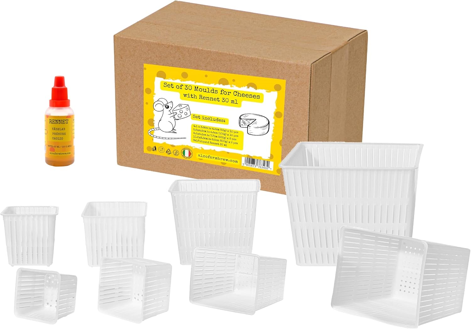 Set 30 stampi per formaggio quadrato - Formati 50g a 500g