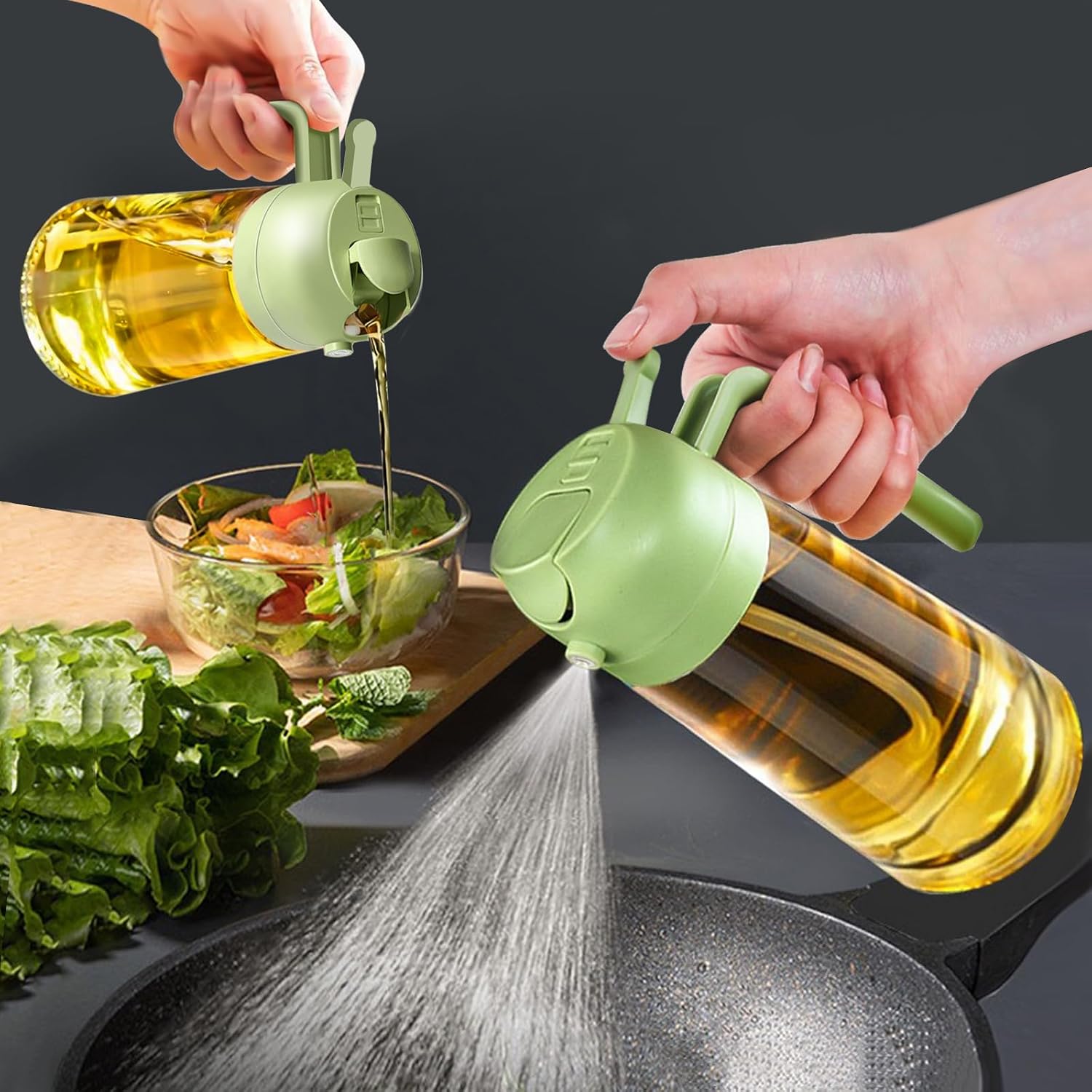 Spruzzatore olio 2 in 1, 470 ml, bottiglia vetro verde