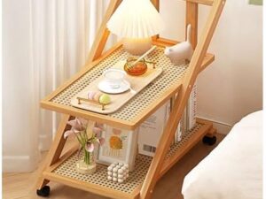 Carrello portaoggetti in legno e rattan giallo pieghevole