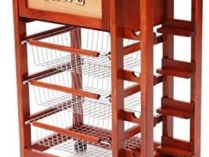 Carrello in legno massello con portabottiglie e cestelli