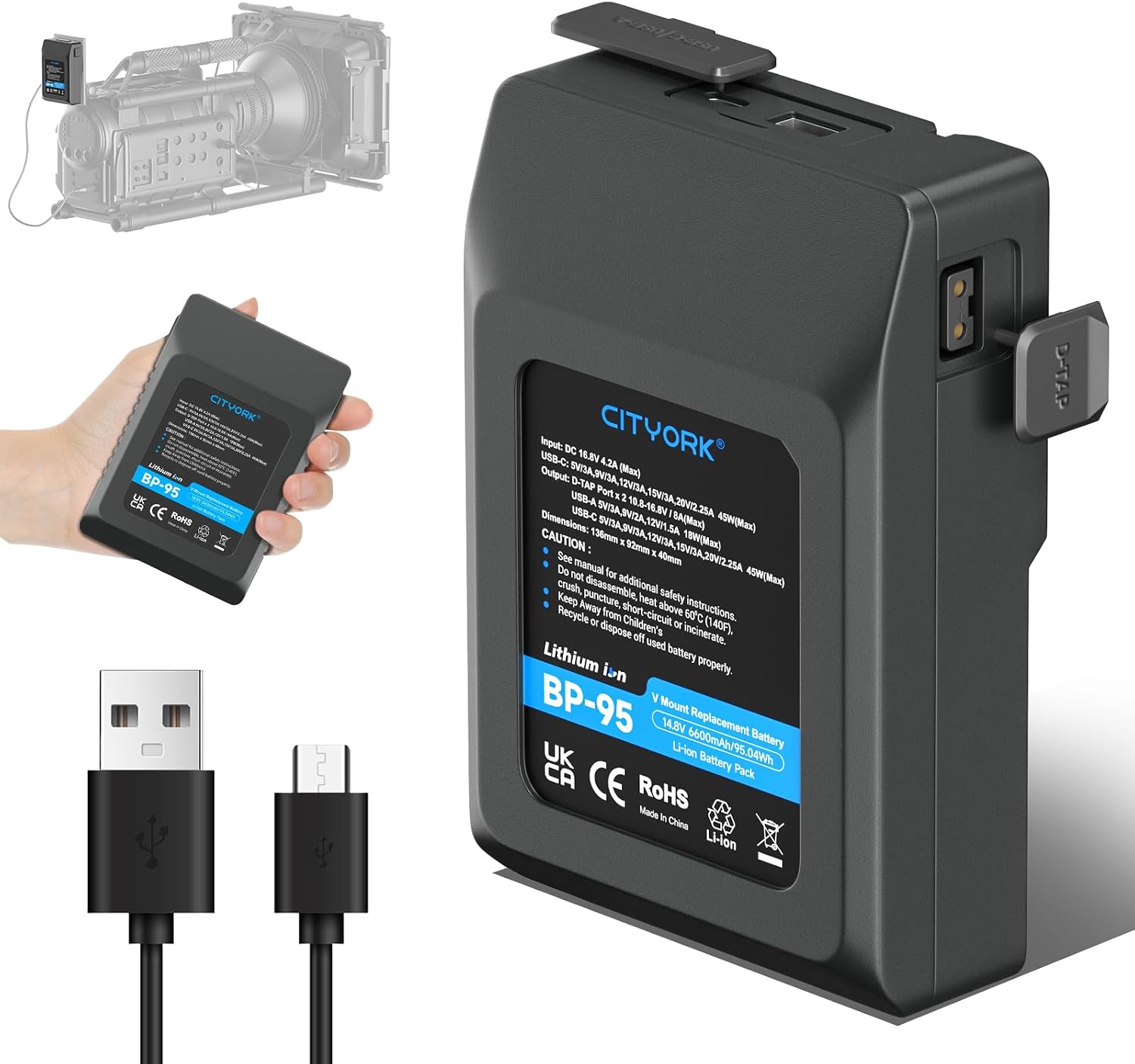 Batteria CITYORK 95Wh V-Mount per Sony BP-95W, USB-C e D-Tap