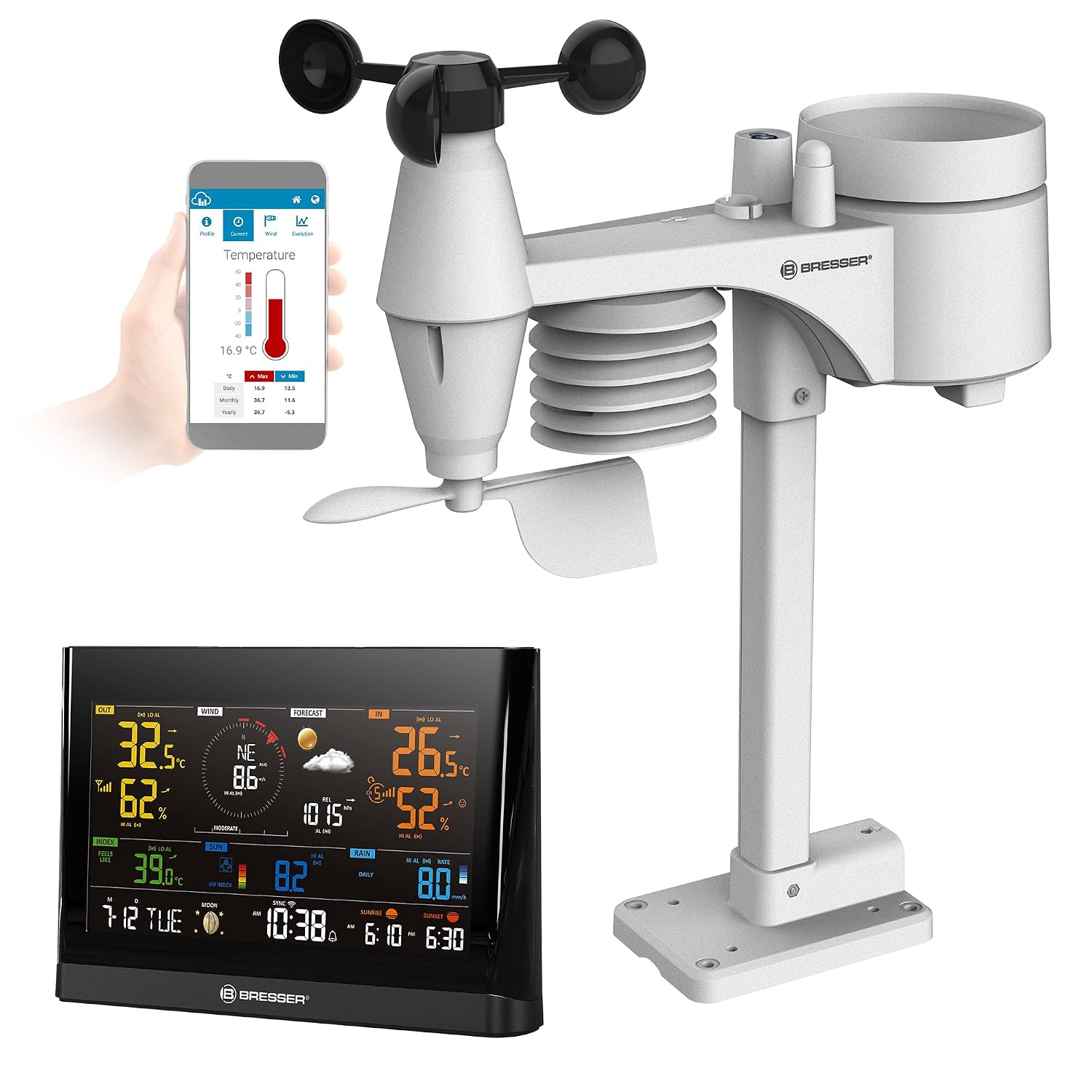 BRESSER Centrale meteorologica Wi-Fi 7 in 1 con display a colori