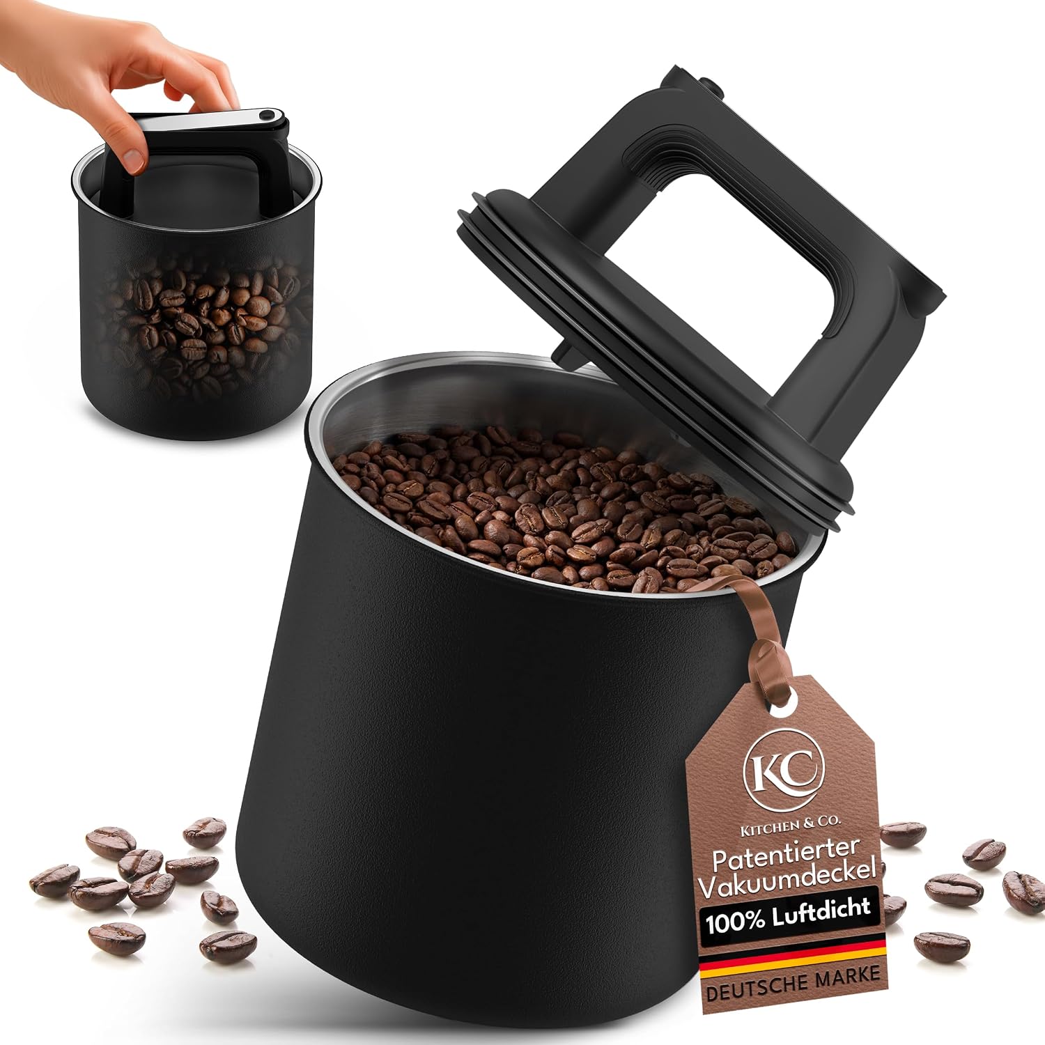 Barattolo caffè sottovuoto 250 g in acciaio inox nero