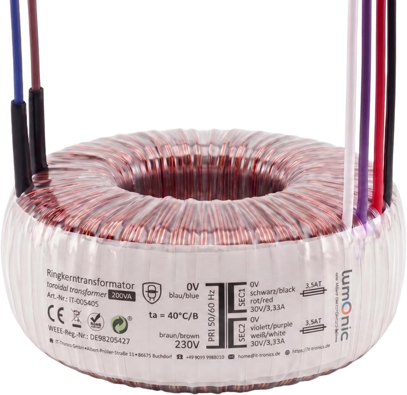 Trasformatore toroidale Lumonic RTO-826042 200VA 2x30V