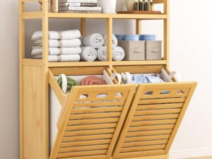 VASMIA Armadietto Bagno con Cesto Bucato, Bambù Naturale