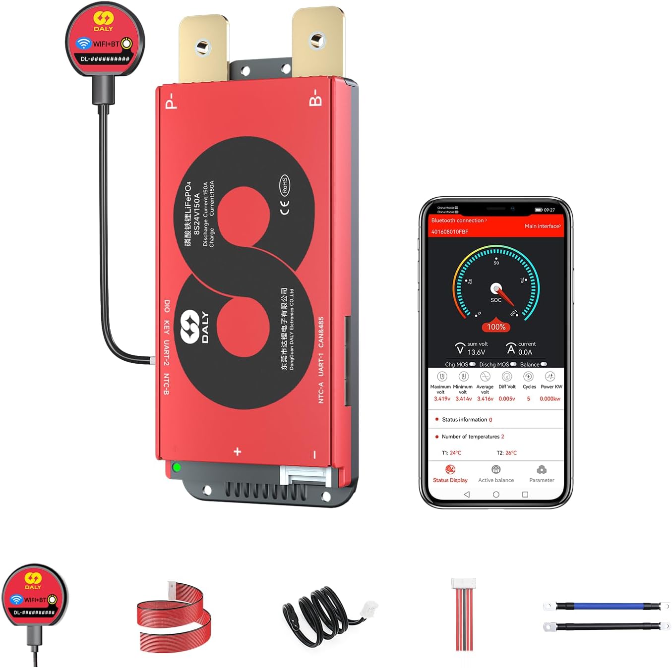 DALY BMS Smart 8S 24V 150A per batterie LiFePO4