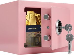 Cassaforte Crinwaki 23x17 cm, 3 chiavi, per casa e ufficio (rosa)