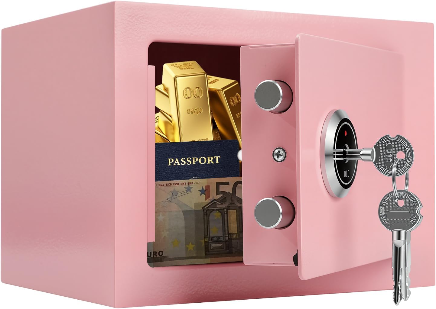 Cassaforte Crinwaki 23x17 cm, 3 chiavi, per casa e ufficio (rosa)
