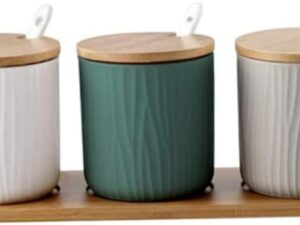 Set 3 contenitori ceramica per spezie e zucchero con cucchiai