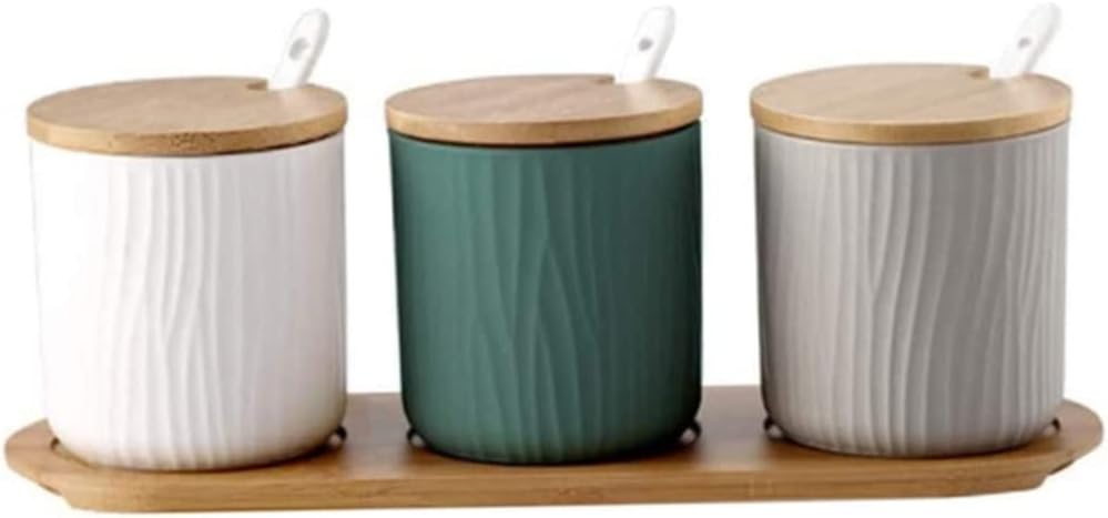 Set 3 contenitori ceramica per spezie e zucchero con cucchiai